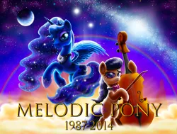 Size: 3300x2491 | Tagged: safe, artist:jac59col, derpibooru import, octavia melody, princess luna, alicorn, earth pony, pony, cello, cloud, galaxy, image, melodicpony, moon, musical instrument, png, rainbow, rest in peace, sky, stars, sun, tribute