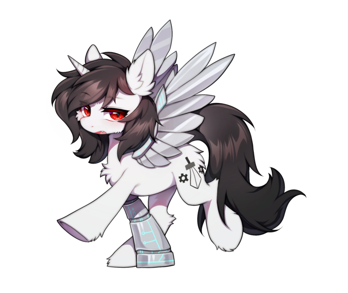 Size: 2009x1690 | Tagged: safe, artist:swaybat, derpibooru import, oc, oc:machine storm, cyborg, pony, undead, unicorn, vampire, derpibooru community collaboration, 2024 community collab, amputee, artificial alicorn, artificial wings, augmented, image, male, png, prosthetic limb, prosthetics, solo, solo male, wings