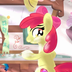 Size: 2000x2000 | Tagged: safe, artist:phoenixpaintfg, derpibooru import, apple bloom, earth pony, pony, aside glance, baking, christmas, christmas cookies, cookie, female, filly, foal, food, holiday, image, jpeg, kitchen, looking at you, sideways glance, smiling, solo