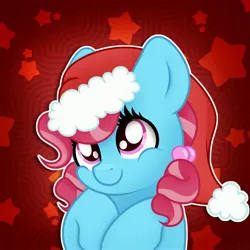 Size: 3500x3500 | Tagged: safe, artist:sweet cream, derpibooru import, cup cake, earth pony, pony, abstract background, bust, christmas, commission, cute, female, g4, hat, holiday, image, jpeg, mare, santa hat, smiling, solo, ych result