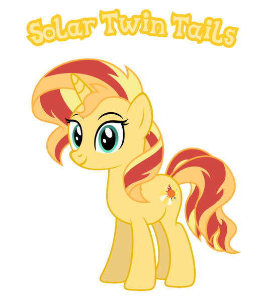 Size: 3156x3593 | Tagged: safe, anonymous artist, derpibooru import, oc, oc:solar twin tails, unofficial characters only, pony, unicorn, closed mouth, description is relevant, eyebrows, eyelashes, eyes open, female, g4, happy, high res, image, looking, looking at you, mare, name, nostrils, offspring, parent:oc:sunbeam flare, parent:oc:sunlit glow, png, product of incest, simple background, smiling, smiling at you, solo, standing, story included, text, transparent background, vector