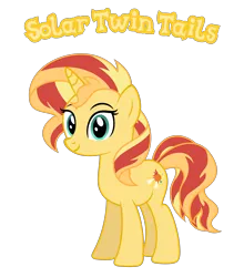 Size: 3156x3593 | Tagged: safe, anonymous artist, derpibooru import, oc, oc:solar twin tails, unofficial characters only, pony, unicorn, closed mouth, description is relevant, eyebrows, eyelashes, eyes open, female, g4, happy, high res, image, looking, looking at you, mare, name, nostrils, offspring, parent:oc:sunbeam flare, parent:oc:sunlit glow, png, product of incest, simple background, smiling, smiling at you, solo, standing, story included, text, transparent background, vector