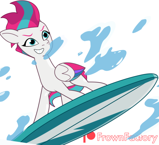 Size: 3000x2721 | Tagged: safe, artist:frownfactory, derpibooru import, zipp storm, pegasus, pony, g5, my little pony: tell your tale, female, grin, hot day huh?, image, mare, png, simple background, smiling, surfboard, surfing, transparent background, vector, wings