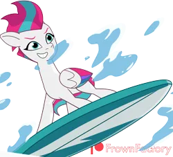 Size: 3000x2721 | Tagged: safe, artist:frownfactory, derpibooru import, zipp storm, pegasus, pony, g5, my little pony: tell your tale, female, grin, hot day huh?, image, mare, png, simple background, smiling, surfboard, surfing, transparent background, vector, wings