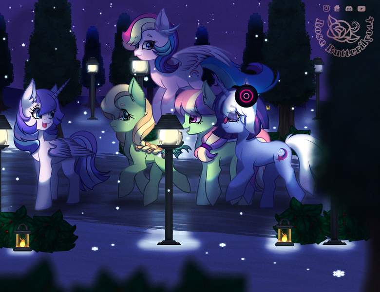 Size: 2000x1538 | Tagged: safe, artist:rosebutterfly014, derpibooru import, oc, alicorn, earth pony, pegasus, pony, unicorn, image, night, night sky, png, sky, snow, snowfall