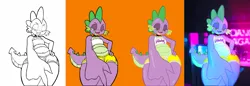 Size: 4000x1380 | Tagged: suggestive, anonymous editor, artist:saurian, edit, spike, dragon, belly button, choker, chubby, clothes, eyebrows, eyelashes, eyeshadow, femboy, femboy spike, frog perspective, girly, heart choker, image, makeup, male, nightclub, png, short shirt, shorts, shortstack, sketch, solo, thighs, thunder thighs, wide hips
