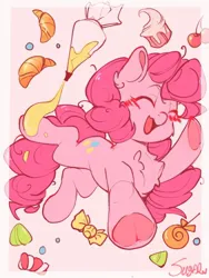 Size: 450x600 | Tagged: safe, artist:糖希, derpibooru import, pinkie pie, blushing, bread, candy, chest fluff, croissant, cupcake, food, icing bag, image, jpeg, simple background, smiling, solo