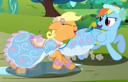 Size: 2048x1314 | Tagged: safe, derpibooru import, applejack, rainbow dash, earth pony, pegasus, pony, bow, clothes, dress, eyes closed, flower, flower in hair, froufrou glittery lacy outfit, image, jpeg, laughing, pearl, running, tied hair, wet