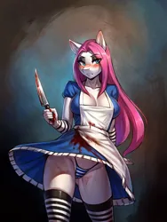 Size: 1920x2560 | Tagged: semi-grimdark, suggestive, ai content, derpibooru import, machine learning generated, pinkie pie, anthro, alice in wonderland, alice madness returns, american mcgee's alice, apron, blood, blood stains, blushing, breasts, busty pinkie pie, clothes, cosplay, costume, crossover, dress, eye clipping through hair, eyebrows, eyebrows visible through hair, eyeshadow, female, g4, image, knife, makeup, mittens, panties, pinkamena diane pie, png, prompter:groupstation, simple background, skirt, socks, solo, solo female, standing, striped socks, striped underwear, thong, underwear, upskirt