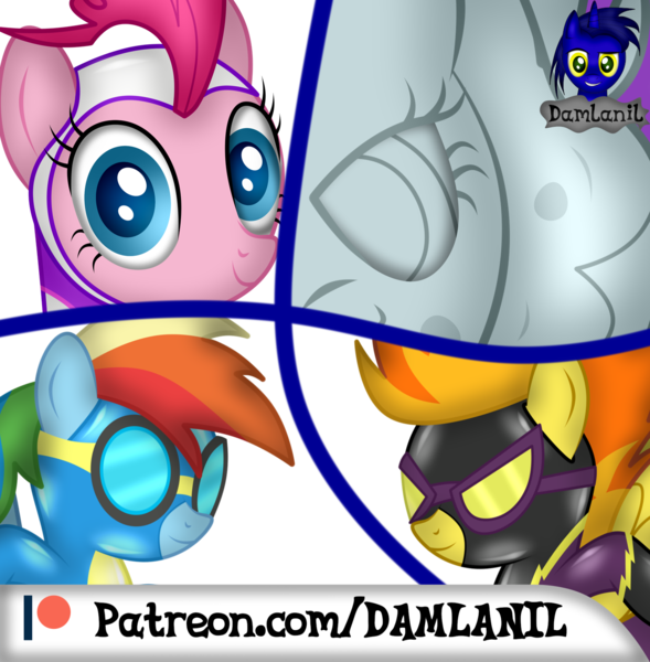 Size: 1390x1416 | Tagged: safe, artist:damlanil, derpibooru import, pinkie pie, rainbow dash, spitfire, earth pony, pegasus, pony, advertisement, bodysuit, catsuit, clothes, costume, cropped, cute, female, goggles, image, latex, latex suit, mare, patreon, patreon preview, petrification, png, rubber, shadowbolts, shadowbolts costume, shiny, show accurate, spy, spy suit, statue, stone, suit, uniform, vector, wings, wonderbolts, wonderbolts uniform