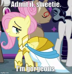 Size: 500x517 | Tagged: safe, derpibooru import, edit, edited screencap, screencap, bracer britches, fluttershy, snow hope, pegasus, pony, fake it 'til you make it, beautiful, butt, caption, clothes, dress, female, image, image macro, imgflip, impact font, jpeg, mare, plot, solo focus, talking to viewer, text, warrior of inner strength, warriorshy
