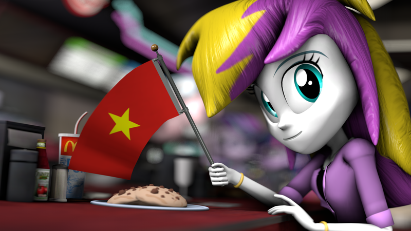 Size: 3840x2160 | Tagged: safe, artist:mrwithered, derpibooru import, oc, oc:sprinkles, human, equestria girls, 3d, cookie, equestria girls-ified, female, flag, food, image, png, solo, vietnam