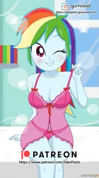 Size: 451x803 | Tagged: suggestive, artist:jakepixels, derpibooru import, rainbow dash, human, equestria girls, blushing, breasts, busty rainbow dash, clothes, female, gumroad, gumroad logo, image, lingerie, looking at you, one eye closed, patreon, patreon logo, png, sexy, solo, solo female, stupid sexy rainbow dash, wink