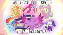 Size: 888x499 | Tagged: safe, derpibooru import, edit, edited screencap, screencap, applejack, fluttershy, pinkie pie, rainbow dash, rarity, twilight sparkle, twilight's kingdom, caption, he-man, he-man and the masters of the universe, image, image macro, imgflip, impact font, jpeg, rainbow power, reference to another series, text