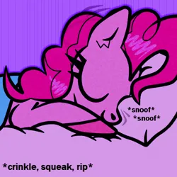 Size: 500x500 | Tagged: safe, artist:scandianon, derpibooru import, pinkie pie, earth pony, pony, bed, ears up, eyes closed, female, image, implied anon, laying on bed, lying down, mare, on bed, onomatopoeia, png, smiling