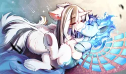 Size: 3550x2100 | Tagged: safe, artist:swaybat, derpibooru import, oc, oc:echo trot, oc:yiazmat, unofficial characters only, pony, robot, robot pony, unicorn, couple, female, horn, image, kiss on the lips, kissing, long mane, long mane male, male, oc x oc, png, scar, shipping, unicorn oc, wings