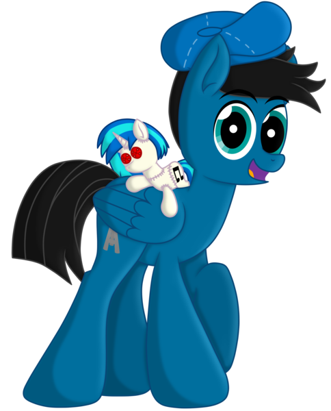 Size: 5328x6600 | Tagged: safe, artist:agkandphotomaker2000, derpibooru import, vinyl scratch, oc, oc:pony video maker, pegasus, pony, derpibooru community collaboration, 2024 community collab, director's hat, eyebrows, eyebrows visible through hair, folded wings, image, looking at you, open mouth, plushie, png, simple background, solo, transparent background, wings