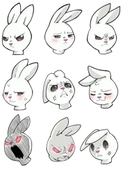 Size: 1001x1412 | Tagged: safe, artist:cold-blooded-twilight, derpibooru import, angel bunny, angry, blushing, frown, glow, glowing eyes, image, open mouth, png, reaction faces, simple background, smiling, sweat, transparent background