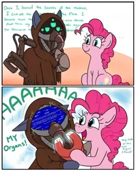 Size: 640x806 | Tagged: safe, artist:jargon scott, derpibooru import, pinkie pie, oc, oc:gear works, cyborg, cyborg pony, pony, fanfic:iron hearts, amputee, augmentation, augmented, blah blah blah, comic, crossover, dialogue, duo, duo male and female, female, image, jpeg, magnet, male, mask, pain, prosthetic limb, prosthetics, robotic arm, servo arm, techpriest, this will end in tears, warhammer (game), warhammer 40k