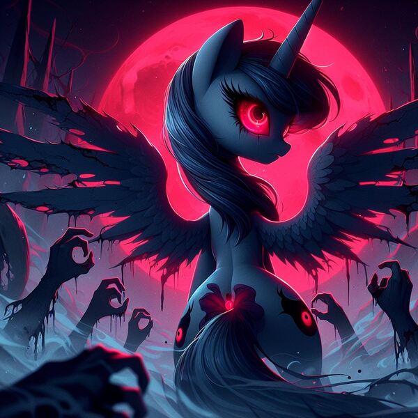 Size: 1024x1024 | Tagged: questionable, ai content, derpibooru import, machine learning generated, princess luna, alicorn, undead, vampire, vampony, zombie, ass, blood moon, butt, buttplug, female, fog, forest, g4, generator:dall-e 3, hair over shoulder, hand, hands in the water, hands trying to reach, horn, image, jpeg, large butt, light, looking back, moon, nature, night, prompter:rektpay, red eyes, sex toy, spread wings, standing, standing on two hooves, tree, wings, zombie hands