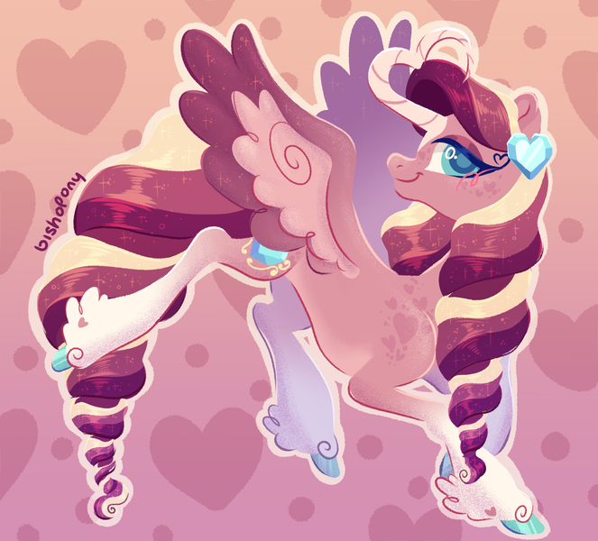 Size: 2268x2051 | Tagged: safe, artist:bishopony, derpibooru import, princess cadance, alicorn, pony, alternate design, blush scribble, blushing, colored wings, colored wingtips, concave belly, curved horn, female, gradient background, heart, heart background, heart shaped, horn, image, long tail, looking at you, mare, png, signature, slim, smiling, smiling at you, solo, spread wings, tail, thin, turned head, unshorn fetlocks, wings