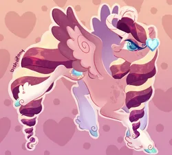 Size: 2268x2051 | Tagged: safe, artist:bishopony, derpibooru import, princess cadance, alicorn, pony, alternate design, blush scribble, blushing, colored wings, colored wingtips, concave belly, curved horn, female, gradient background, heart, heart background, heart shaped, horn, image, long tail, looking at you, mare, png, signature, slim, smiling, smiling at you, solo, spread wings, tail, thin, turned head, unshorn fetlocks, wings