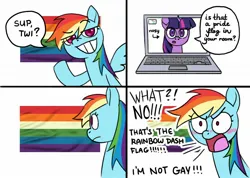 Size: 1958x1396 | Tagged: safe, artist:gummylovesart, derpibooru import, rainbow dash, twilight sparkle, pegasus, pony, unicorn, 4 panel comic, blatant lies, blushing, comic, computer, denial, denial's not just a river in egypt, duo, female, g4, image, jpeg, laptop computer, mare, pride flag, rainbow dash is not amused, simple background, unamused, video call, white background, yelling
