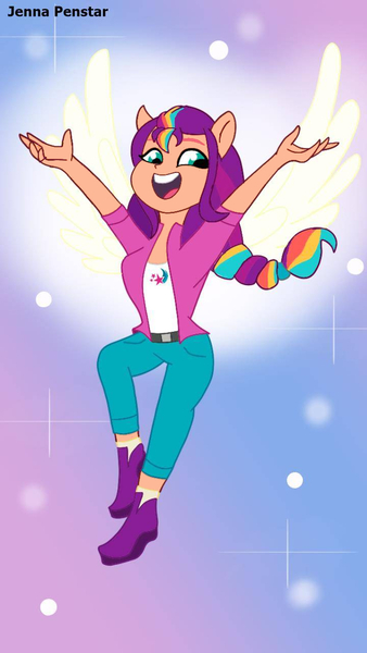 Size: 720x1280 | Tagged: safe, artist:jenna56, derpibooru import, edit, sunny starscout, human, equestria girls, g5, my little pony: tell your tale, alicorn wings, artificial wings, augmented, equestria girls interpretation, equestria girls-ified, female, floating, g5 to equestria girls, generation leap, image, jpeg, magic, magic wings, mane stripe sunny, mission imponable, ponied up, pony ears, scene interpretation, solo, wings