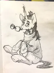 Size: 2666x3566 | Tagged: safe, artist:rover, artist:rrrover, derpibooru import, moondancer, pony, unicorn, clothes, glasses, image, jpeg, looking at you, pencil drawing, sitting, sketch, solo, sweater, traditional art