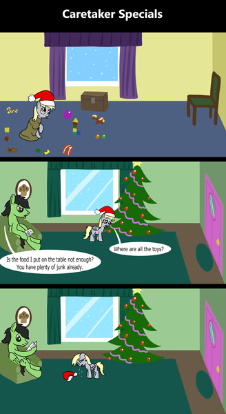Size: 1920x3516 | Tagged: safe, artist:platinumdrop, derpibooru import, derpy hooves, oc, oc:anon, oc:anon stallion, pegasus, pony, comic:caretaker, comic:caretaker specials, 3 panel comic, angry, ball, bedroom, blanket, blocks, box, caretaker, chair, christmas, christmas morning, christmas ornaments, christmas tree, closed door, clothes, comic, commission, couch, crying, cute, derpabetes, door, duo, excited, female, filly, filly derpy, floppy ears, foal, food, front door, furniture, g4, hat, hearth's warming, holiday, hoof hold, ignoring, image, indoors, living room, looking down, male, messy room, muffin, newspaper, onomatopoeia, open mouth, ornaments, painting, picture frame, plushie, png, reading, room, sad, santa hat, scolding, sitting, smiling, snow, snowfall, sound effects, speech, speech bubble, stern, talking, tears of sadness, tongue out, toy, tree, waking up, wall of tags, window, wings, wings down, winter, younger