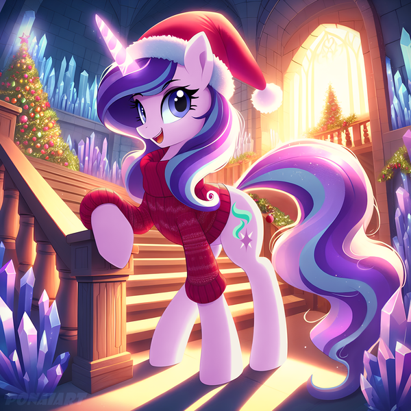 Size: 2048x2048 | Tagged: safe, ai content, derpibooru import, machine learning assisted, machine learning generated, starlight glimmer, pony, unicorn, a hearth's warming tail, casting, christmas, christmas sweater, clothes, crystal, excited, female, g4, hat, hearts warming, holiday, image, leaning, light, magic, mare, png, prompter:ponaiart, reformed, smiling, solo, stairs, sweater, twilight's castle, winter, winter hat, winter outfit