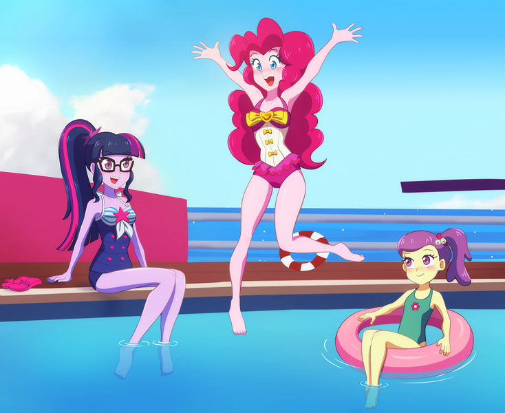 Size: 2200x1798 | Tagged: safe, artist:riouku, derpibooru import, lily pad (equestria girls), pinkie pie, sci-twi, twilight sparkle, human, equestria girls, equestria girls series, barefoot, blushing, clothes, cloud, commission, cruise ship, feet, female, g4, glasses, happy, image, inner tube, lily pad (g4), one-piece swimsuit, open mouth, pinkie pie swimsuit, png, ponytail, pool toy, sandals, sci-twi swimsuit, shoes removed, sitting, sky, sleeveless, smiling, swimming pool, swimsuit, trio, trio female, tube, water