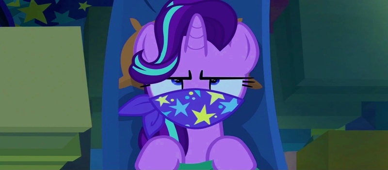 Size: 1280x563 | Tagged: safe, derpibooru import, starlight glimmer, pony, unicorn, road to friendship, bored, cloth gag, gag, image, jpeg, over the nose gag, starlight glimmer is not amused, starlight's gag, unamused, unhappy, unimpressed
