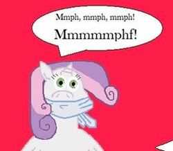 Size: 250x218 | Tagged: safe, derpibooru import, sweetie belle, pony, unicorn, cloth gag, gag, image, jpeg, muffled words