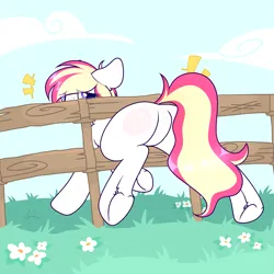 Size: 2003x2003 | Tagged: source needed, suggestive, artist:rjin, derpibooru import, oc, oc:pilot light, unofficial characters only, earth pony, pony, butt, fat ass, female, fence, flank, grass, grass field, image, plot, png, stuck, tail
