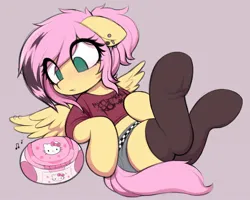 Size: 1826x1462 | Tagged: safe, artist:moozua, derpibooru import, fluttershy, pegasus, pony, semi-anthro, alternate hairstyle, arm hooves, clothes, ear piercing, earring, emo, eye clipping through hair, female, floppy ears, g4, hello kitty, image, jewelry, jpeg, mare, midriff, miniskirt, music notes, my chemical romance, piercing, scene hair, scene kid, shirt, short mane, skirt, socks, solo, spread wings, stereo, thigh highs, underwear, wings