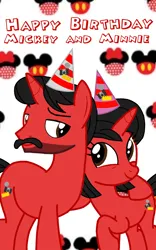 Size: 800x1280 | Tagged: safe, artist:mickey1909, derpibooru import, oc, oc:mickey motion, oc:minnie motion, pony, unicorn, birthday, disney, hat, image, mickey mouse, minnie mouse, party hat, png