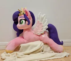 Size: 2653x2250 | Tagged: source needed, safe, artist:epicrainbowcrafts, derpibooru import, pipp petals, pegasus, pony, g5, diadem, eyebrows, female, high res, image, irl, jewelry, jpeg, mare, photo, plushie, regalia, smiling, solo, spread wings, wings