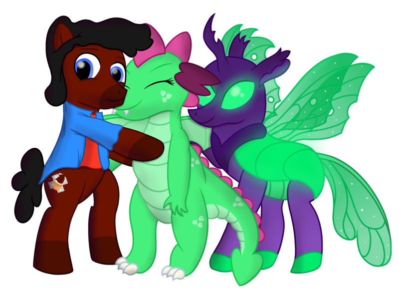 Size: 3400x2505 | Tagged: safe, artist:sweetielover, derpibooru import, oc, oc:goldigony, oc:rocky roads, oc:sparkly emerald, unofficial characters only, changedling, changeling, dragon, earth pony, pony, derpibooru community collaboration, 2024 community collab, bipedal, clothes, dragoness, eyes closed, female, glow, green changeling, high res, hug, image, jacket, male, png, simple background, spread wings, standing, transparent background, wings