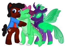 Size: 3400x2505 | Tagged: safe, artist:sweetielover, derpibooru import, oc, oc:goldigony, oc:rocky roads, oc:sparkly emerald, unofficial characters only, changedling, changeling, dragon, earth pony, pony, derpibooru community collaboration, 2024 community collab, bipedal, clothes, dragoness, eyes closed, female, glow, green changeling, high res, hug, image, jacket, male, png, simple background, spread wings, standing, transparent background, wings
