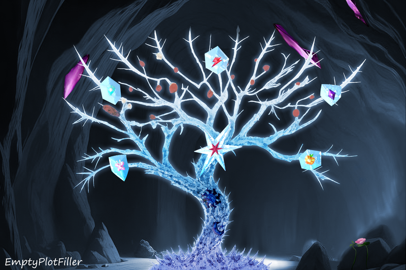 Size: 3072x2048 | Tagged: safe, ai content, derpibooru import, edit, editor:emptyplotfiller, machine learning assisted, machine learning generated, lily, lily valley, tree of harmony, fanfic:crossing the trixie bridge:a new life in the crystal empire, cave, crystal, element of generosity, element of honesty, element of kindness, element of laughter, element of loyalty, element of magic, elements of harmony, g4, image, png, solo