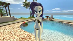 Size: 1600x900 | Tagged: suggestive, artist:oatmeal!, derpibooru import, rarity, human, equestria girls, 3d, belly button, bikini, breasts, clothes, gmod, hand on hip, image, looking at you, ocean, png, sexy, solo, standing, swimming pool, swimsuit, tropical, underboob, water