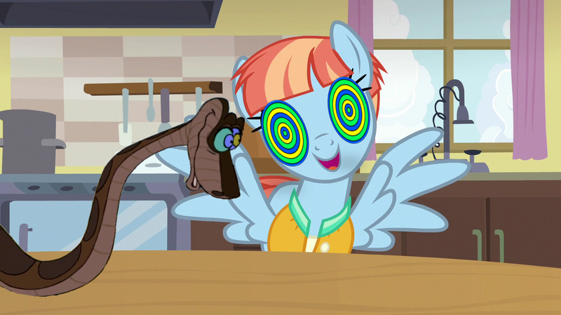 Size: 1280x719 | Tagged: safe, derpibooru import, edit, edited screencap, screencap, windy whistles, pegasus, pony, snake, parental glideance, female, hypno eyes, hypnosis, hypnotized, image, kaa, kaa eyes, kitchen, looking at each other, looking at someone, male, mare, open mouth, open smile, png, smiling, spread wings, table, wings