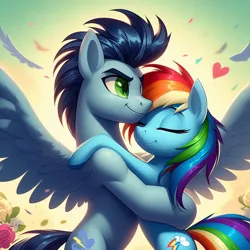 Size: 1024x1024 | Tagged: safe, ai content, derpibooru import, machine learning generated, prompter:*rainbow dash*, rainbow dash, soarin', female, generator:bing image creator, happy, hug, image, male, png, shipping, soarindash, spread wings, straight, wings