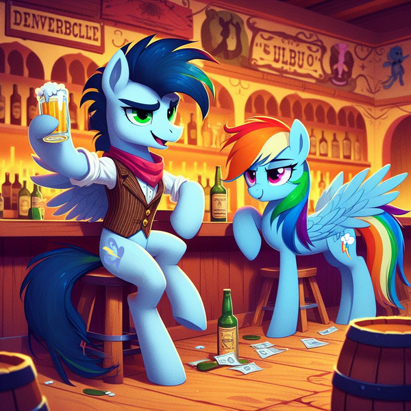 Size: 1024x1024 | Tagged: safe, ai content, derpibooru import, prompter:*rainbow dash*, rainbow dash, soarin', alcohol, bar stool, beer, cider, female, generator:bing image creator, image, male, png, saloon, shipping, soarindash, straight