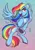 Size: 905x1280 | Tagged: safe, artist:marsel1nushka, derpibooru import, rainbow dash, pegasus, pony, belly, chest fluff, feather, female, flying, gradient background, image, mare, obtrusive watermark, open mouth, open smile, png, signature, simple background, smiling, solo, spread wings, watermark, wings