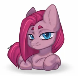 Size: 1417x1375 | Tagged: safe, artist:fazbonz, derpibooru import, pinkie pie, earth pony, pony, chibi, female, image, jpeg, lying down, mare, pinkamena diane pie, prone, signature, simple background, smiling, solo, white background