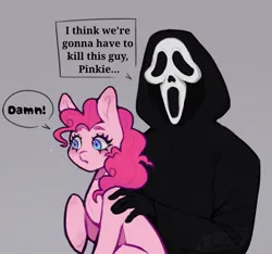 Size: 1545x1448 | Tagged: safe, artist:natevampwolf, derpibooru import, pinkie pie, earth pony, pony, crossover, g4, ghostface, gray background, i think we're gonna have to kill this guy, image, imminent murder, jpeg, meme, scream (movie), simple background