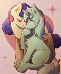 Size: 1536x1853 | Tagged: safe, artist:markyoureye, derpibooru import, bon bon, lyra heartstrings, sweetie drops, earth pony, pony, unicorn, blush sticker, blushing, duo, eyes closed, female, image, jpeg, lesbian, lyrabon, mare, nuzzling, shipping, signature