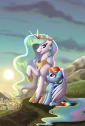 Size: 1420x2088 | Tagged: safe, artist:sirzi, derpibooru import, princess celestia, rainbow dash, alicorn, pegasus, pony, commission, duo, female, hug, image, looking at each other, looking at someone, mare, png, ponyville, scenery, sunrise, winghug, wings